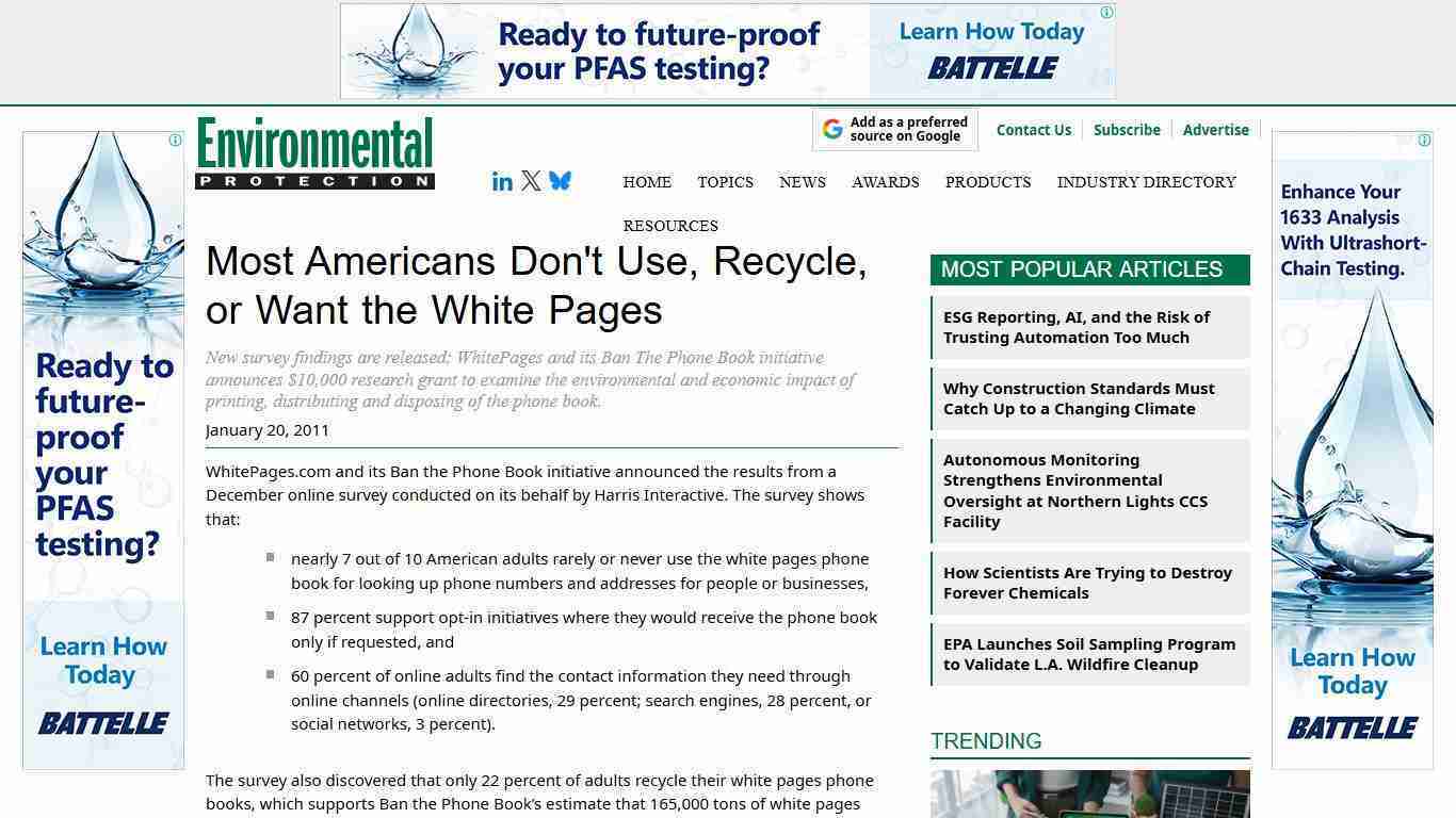 Most Americans Don't Use, Recycle, or Want the White Pages -- Environmental Protection